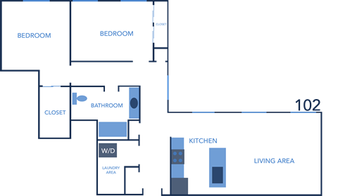 Floor plan for 2 beds, 1 bath, 1069 sqft